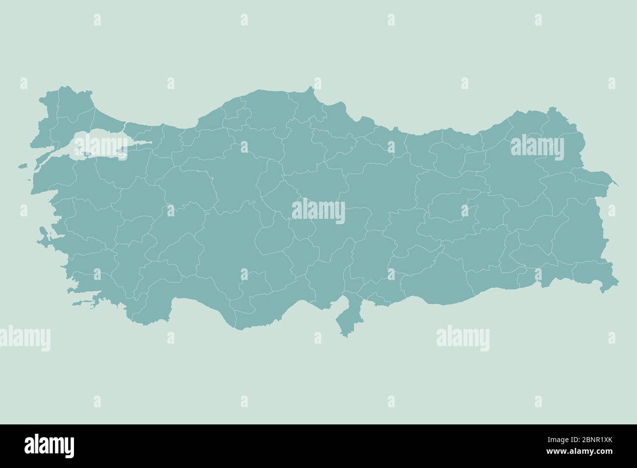 Turkey political map with provinces vector. Greenish blue background. Perfect backgrounds, backdrop, label, sticker, chart and wallpapers. Stock Vector