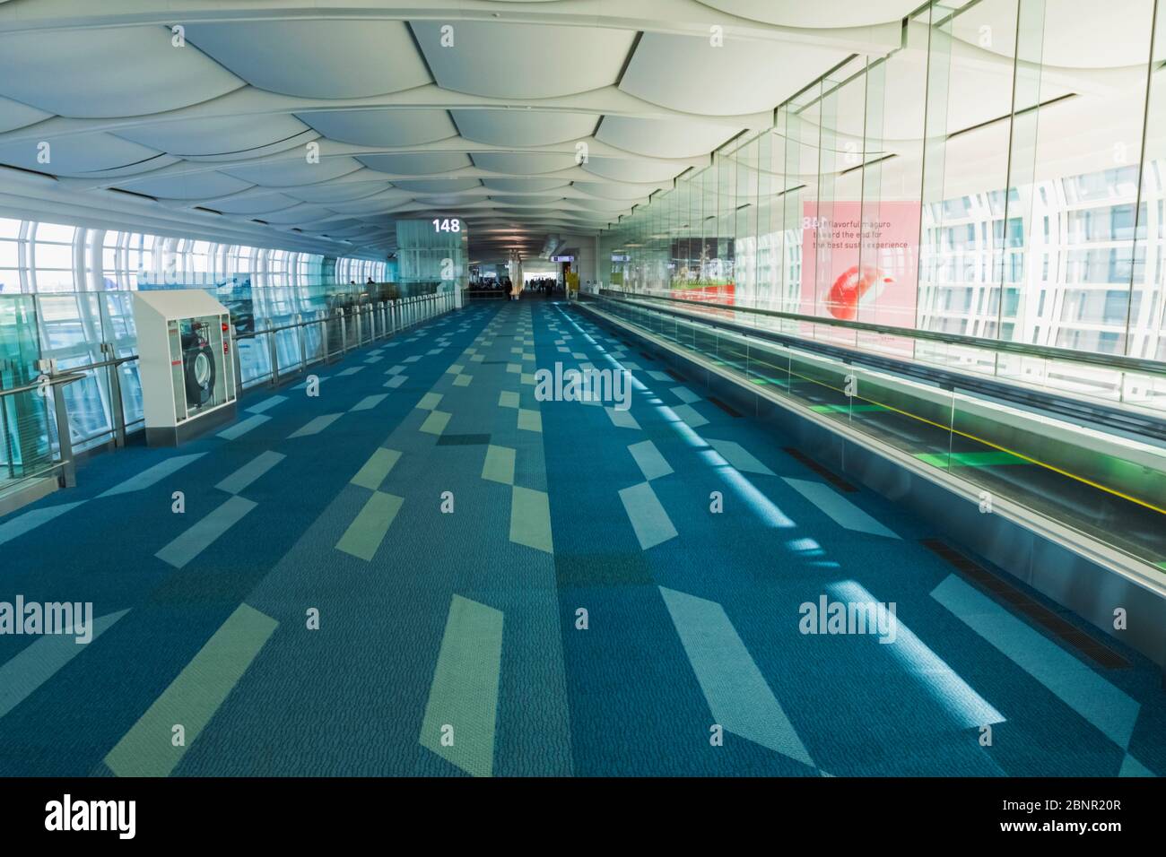 Japan, Honshu, Tokyo, Haneda Airport, International Terminal, Departure Gates Moving Escalator Stock Photo