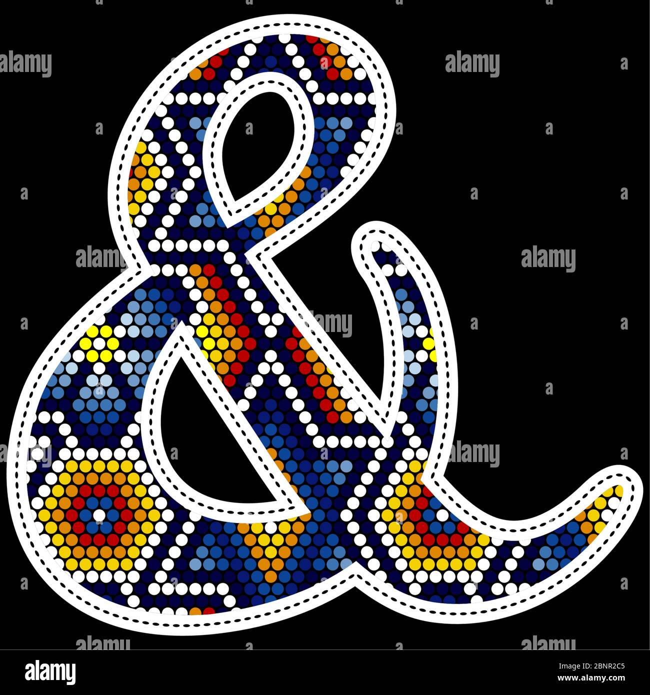 ampersand symbol with colorful dots. Abstract design inspired in mexican huichol beaded craft art style. Isolated on black background Stock Vector