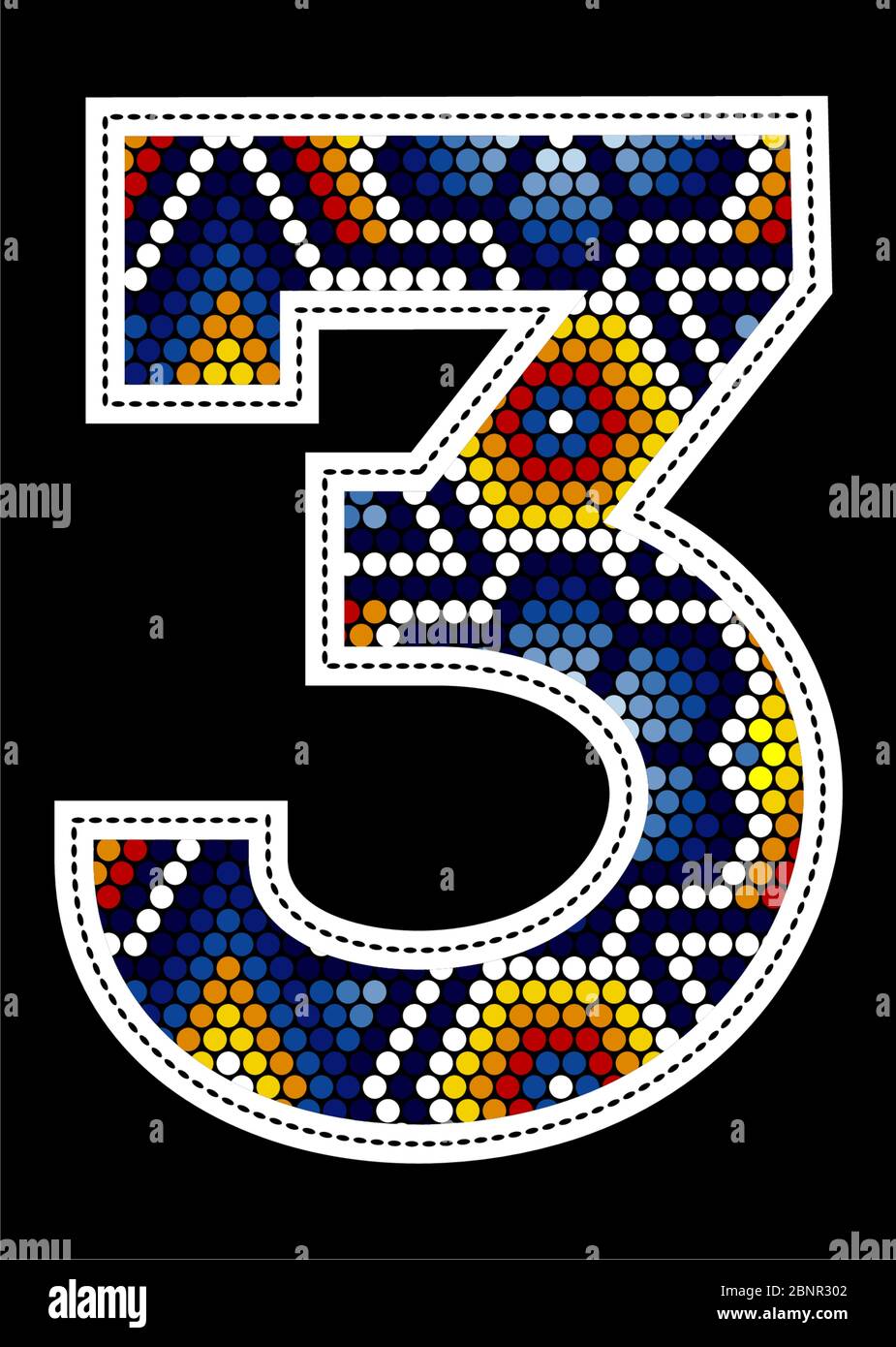 number 3 with colorful dots abstract design inspired in mexican huichol art style isolated on black background Stock Vector
