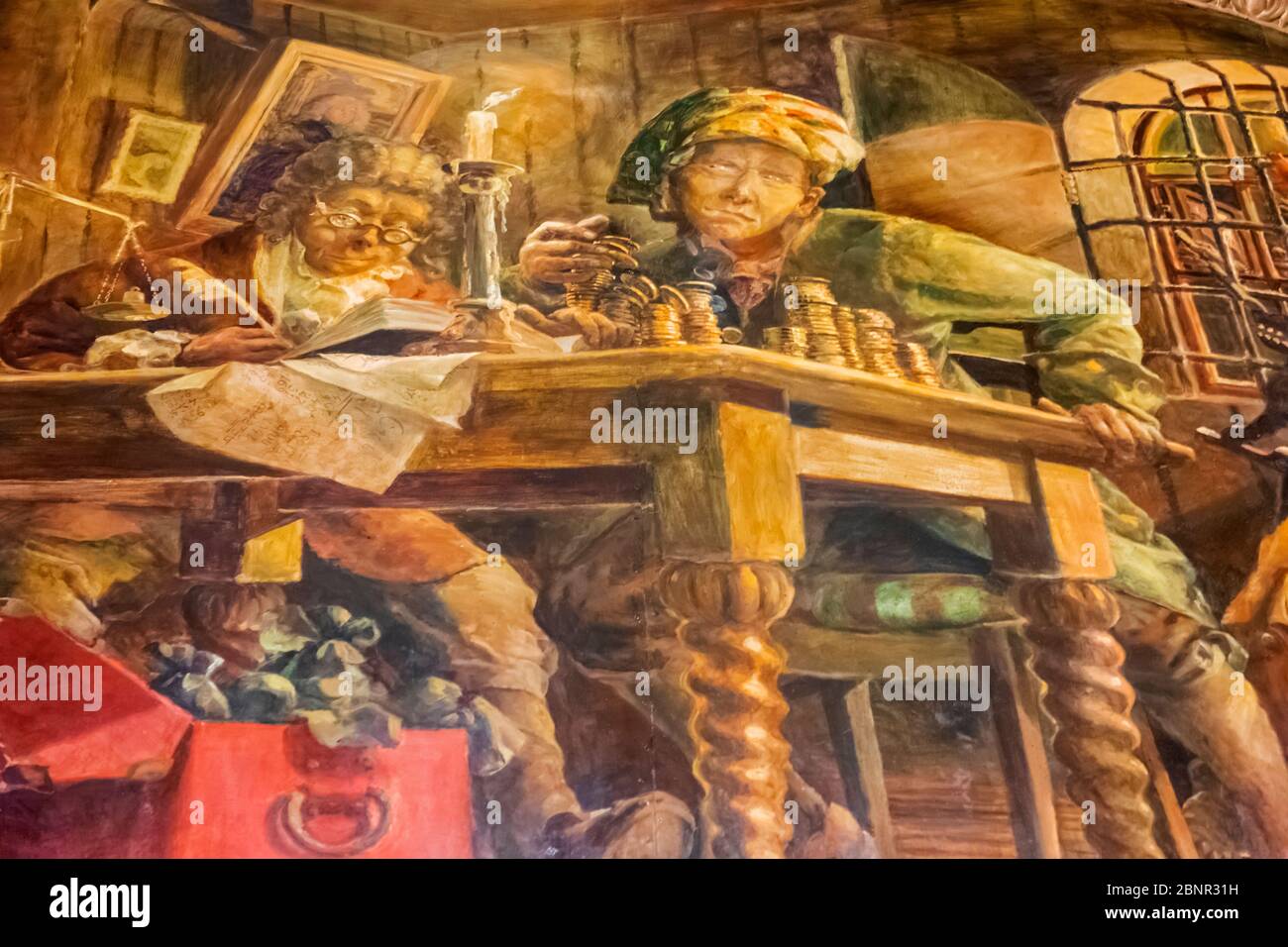 England, London, The City of London, The Counting House Pub, Wall Decoration showing Medieval of Accountants Counting Money Stock Photo