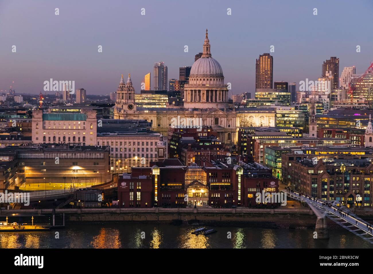 England, London, City of London, St Paul's Cathedral with Millenium Bridge and City of London Skyline Stock Photo
