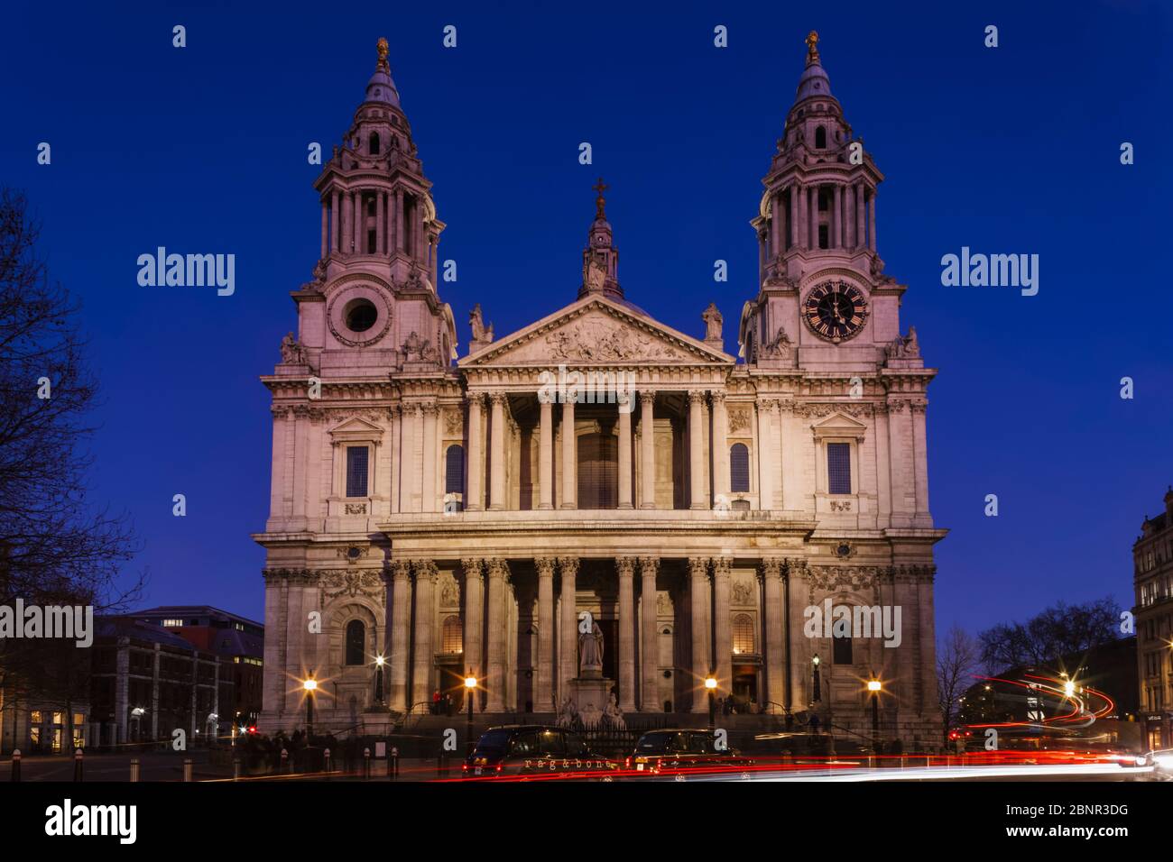 England, London, City of London, St Paul's Cathedral, Night View of The West Facade and  Entrance Stock Photo