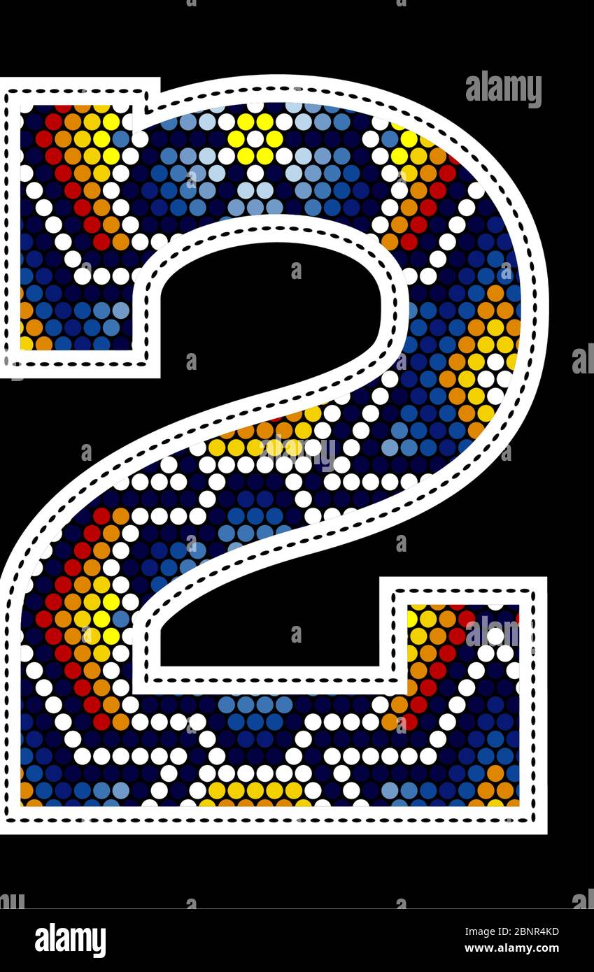 number 2 with colorful dots abstract design inspired in mexican huichol art style isolated on black background Stock Vector