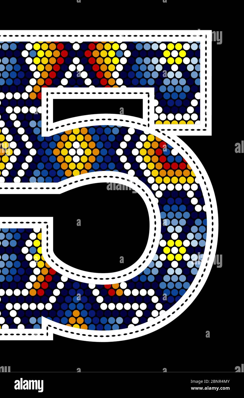 number 5 with colorful dots abstract design inspired in mexican huichol art style isolated on black background Stock Vector