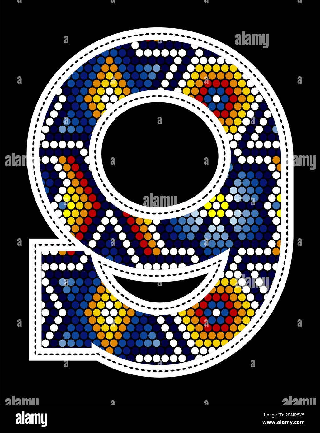 number 9 with colorful dots abstract design inspired in mexican huichol art style isolated on black background Stock Vector