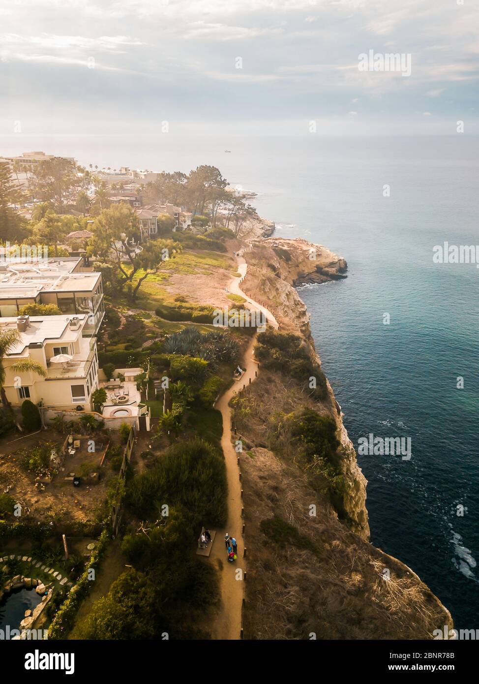 Aerial view of sunny La Jolla village in San Diego California with houses on the cliffs of Pacific ocean Stock Photo