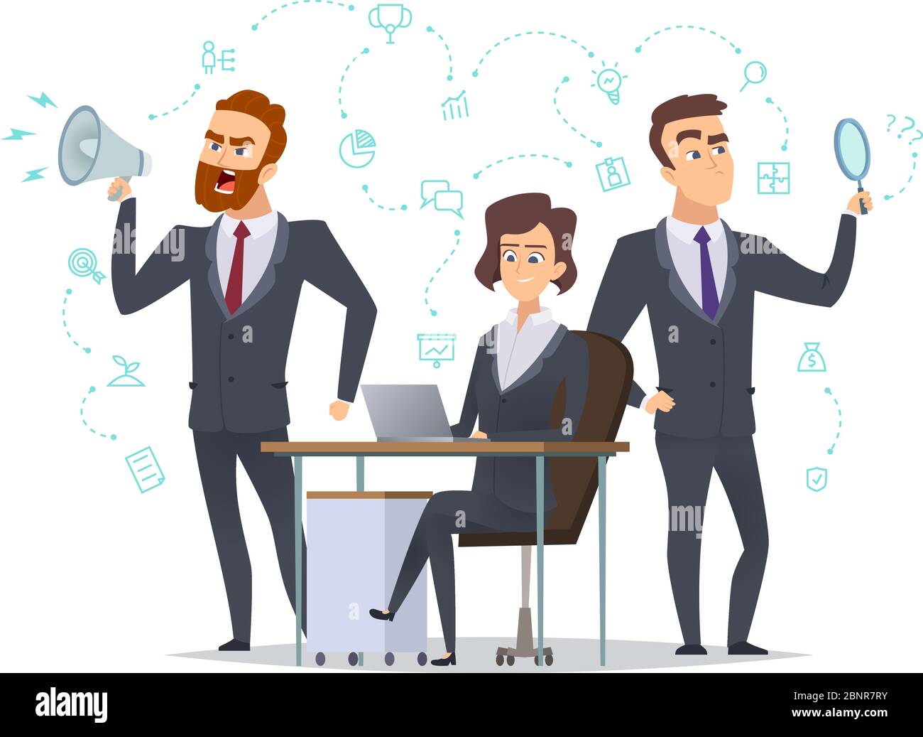 Business team. Success office managers coworking persons worked together with business items startup idea vector concept pictures Stock Vector