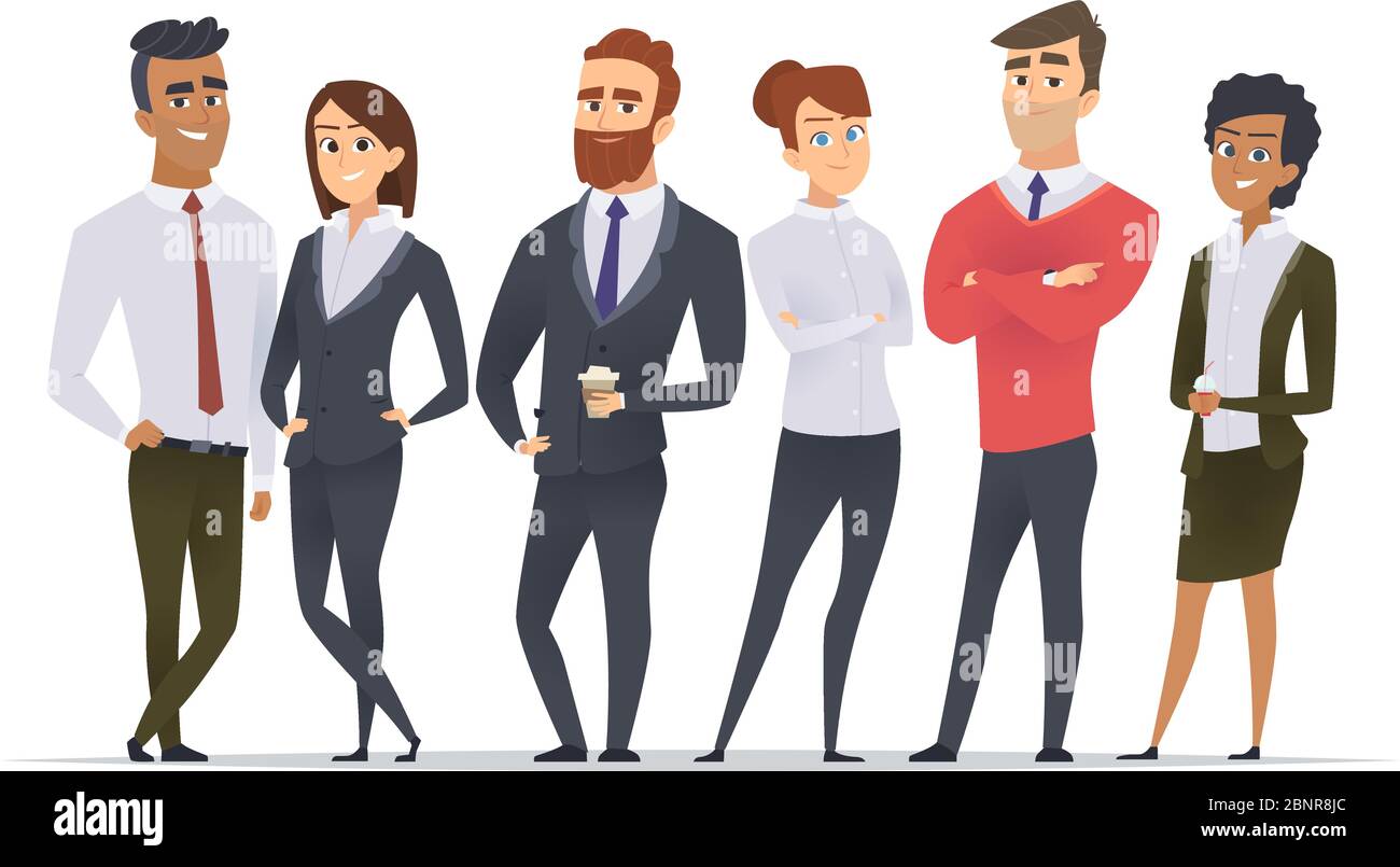Business team. Professional workers happy partners group team building office male and female managers standing vector characters Stock Vector