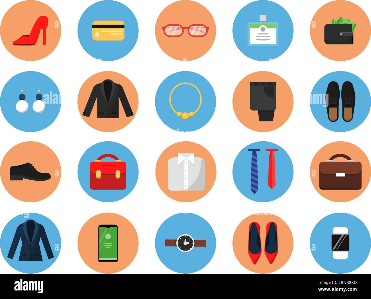 Business wardrobe icons. Office style clothes for male and female work casual fashion skirt suit jacket hat bag vector colored symbols Stock Vector