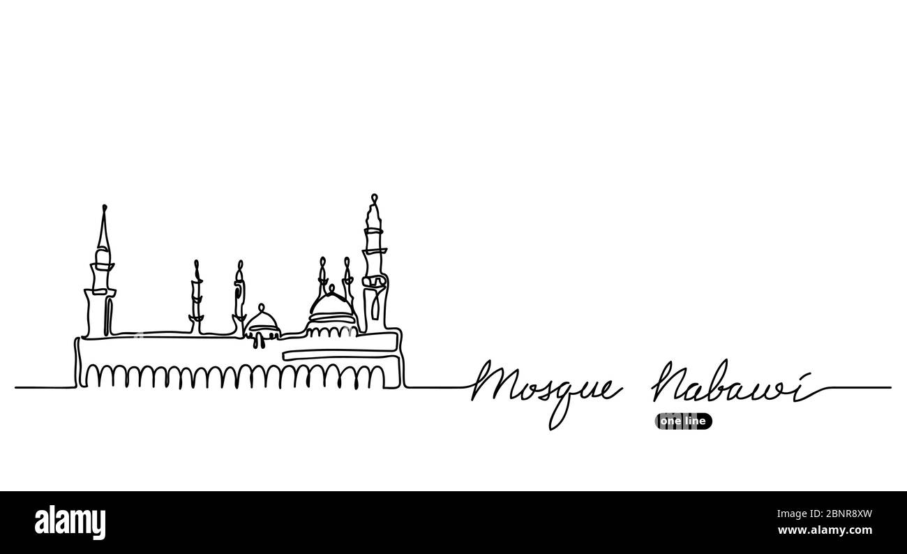 Mosque Nabawi one continuous line drawing background, banner, poster, card. Simple black and white mopdern design Stock Vector
