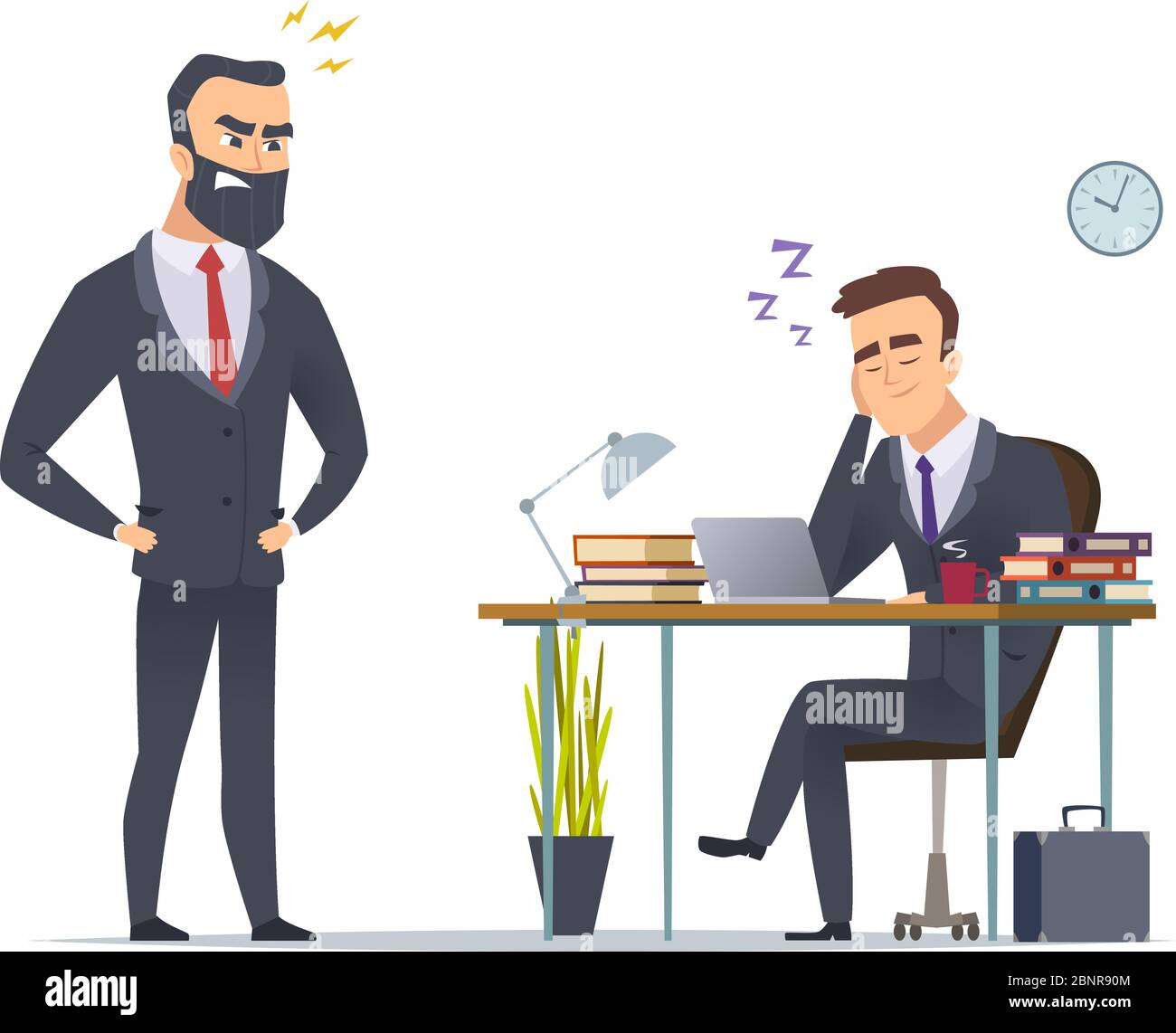 Lazy worker. Business office manager tired from routine work slipping at desk angry director standing vector concept scene Stock Vector