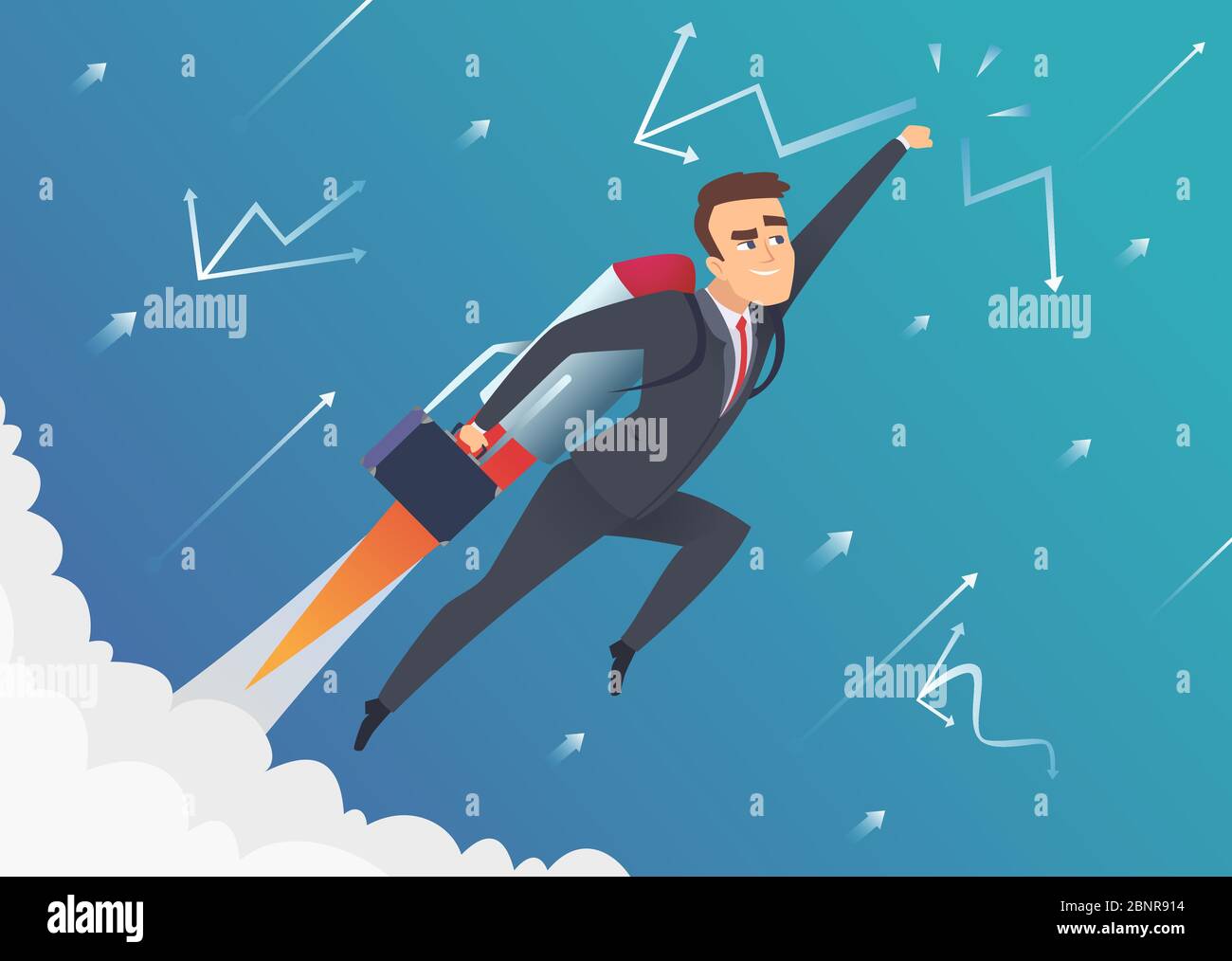 Success business. Businessman goes on to the moon flying on startup speed rocket improvement lift off vector concept Stock Vector