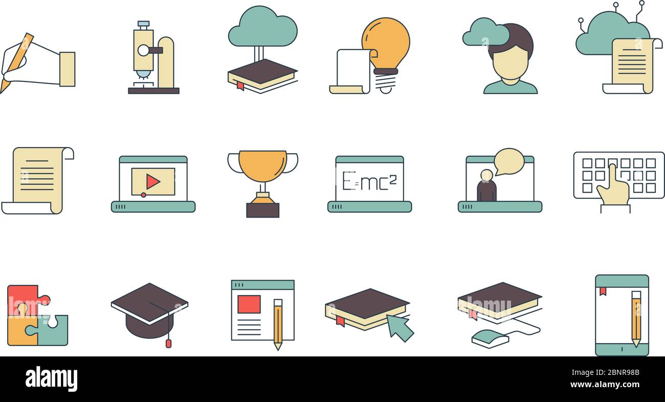 Education online symbols. Special learning courses school university with distance work online tutorials vector thin line colored icons Stock Vector