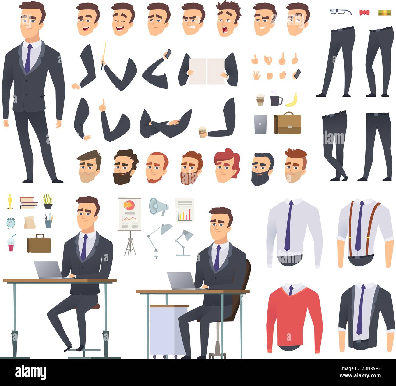 Manager creation kit. Businessman office person arms hands clothes and items vector male character animation project Stock Vector