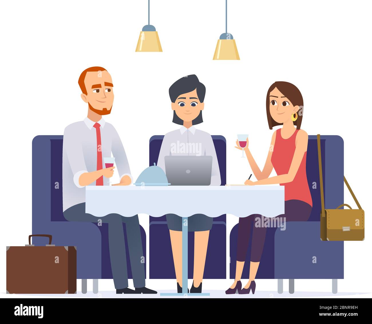 Business dinner. Meeting with work partner or client in restaurant executive cafe business lunch vector characters Stock Vector