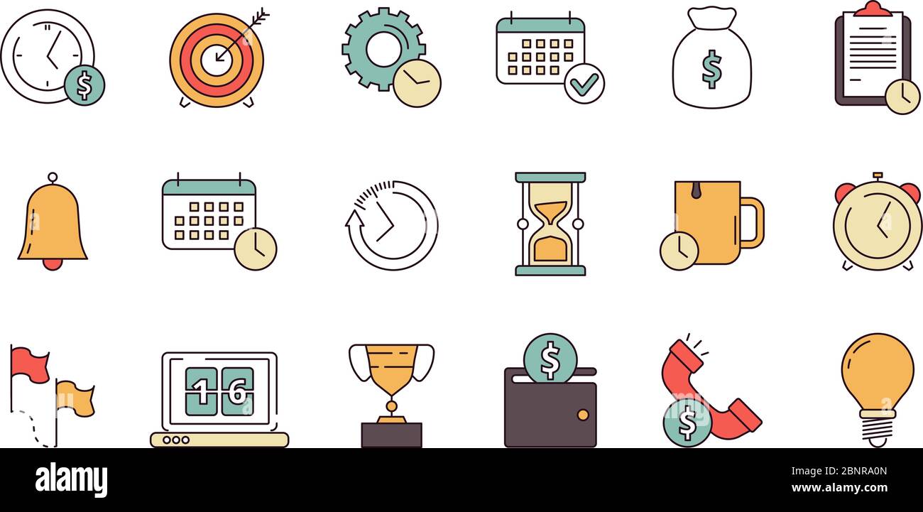 Productive management icon. Business productivity remind services save time employees forecast vector linear symbols isolated Stock Vector