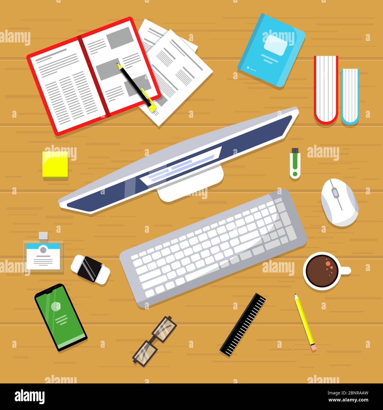 Office table top view. Business finance manager workspace with laptop books mouse pc vector flat
