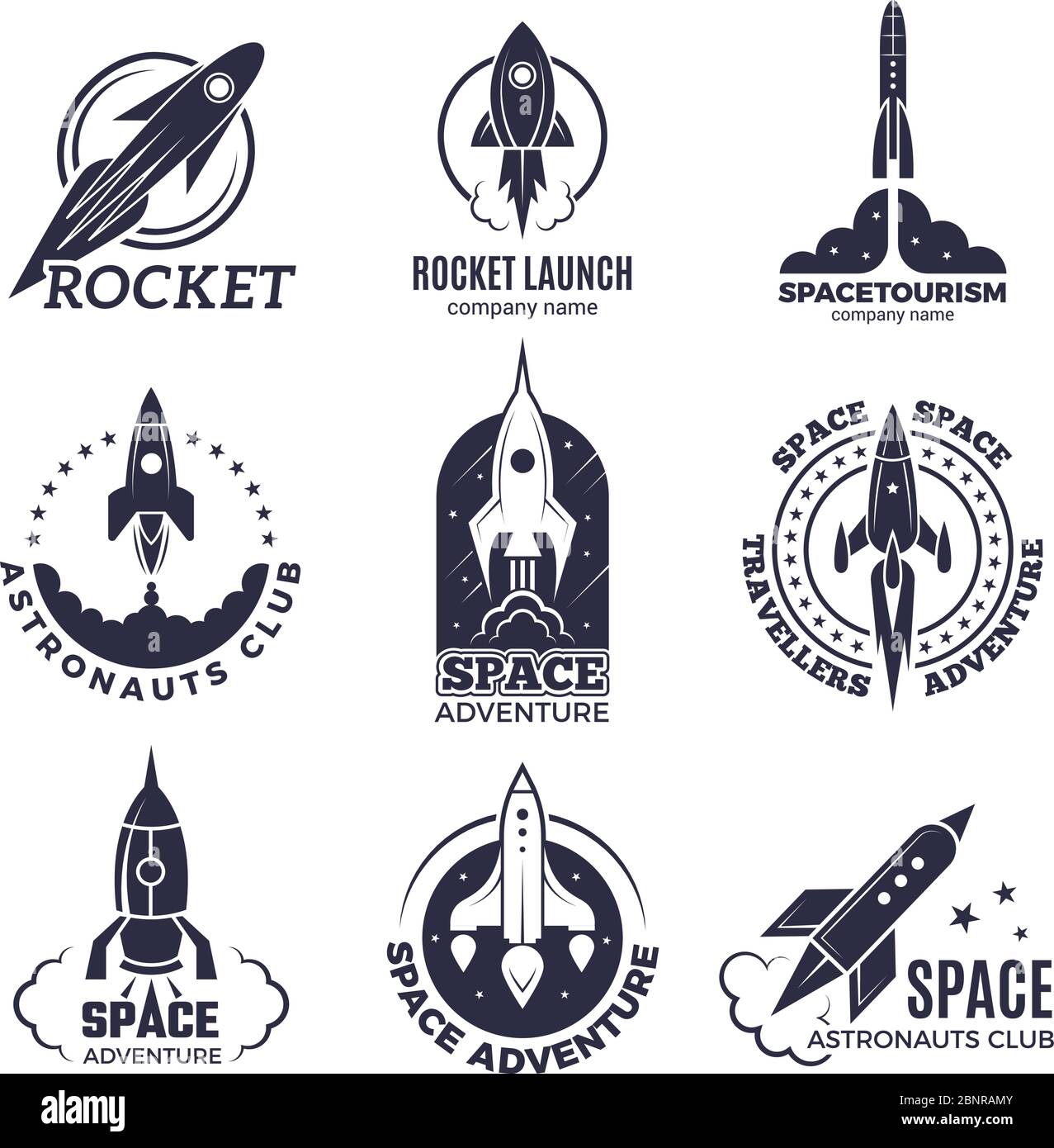 Space logotypes. Rockets and flight shuttle moon discovery business retro badges vector monochrome pictures Stock Vector