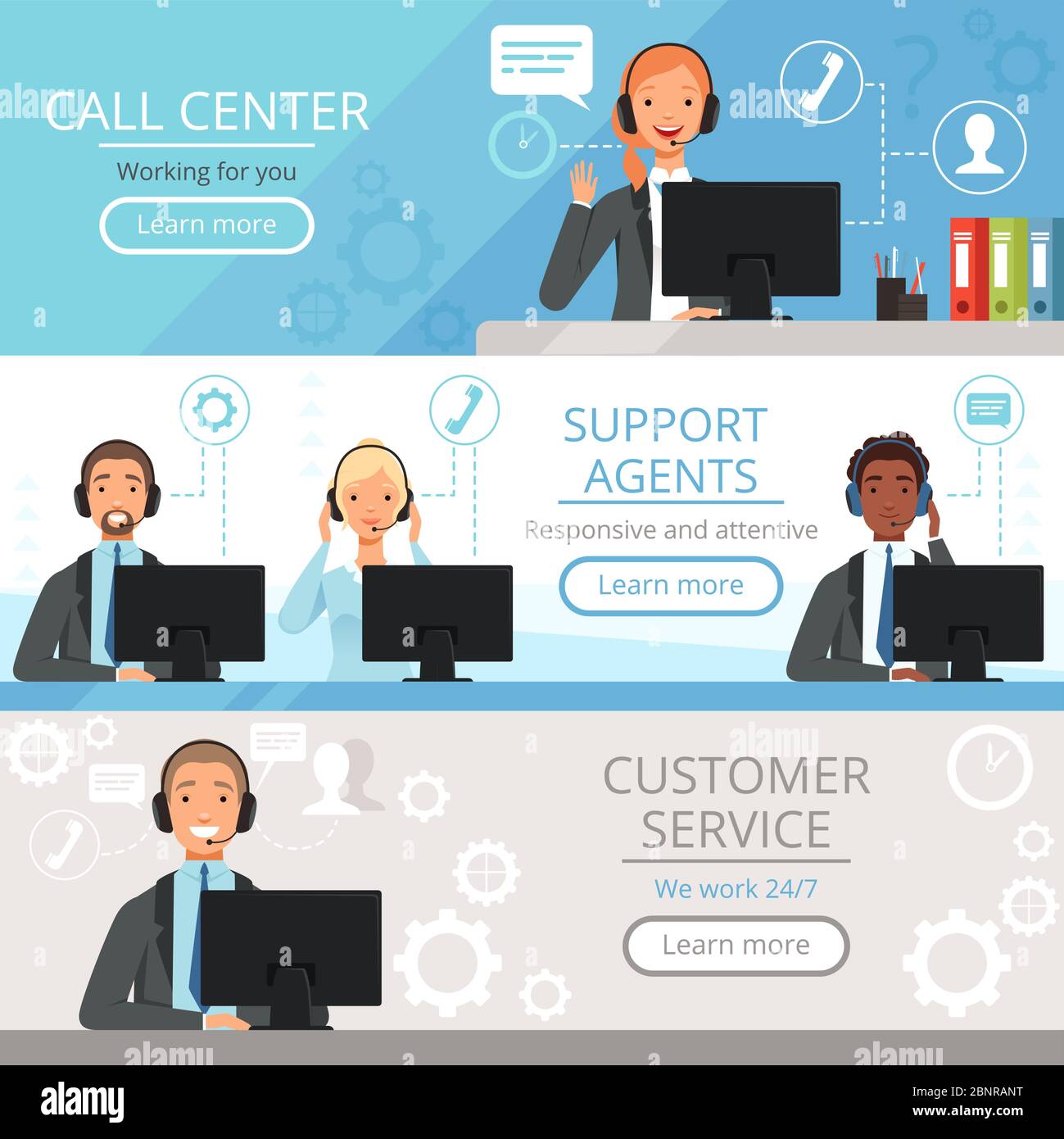 Call center banners. Support agents characters customer service phone  helping operators vector cartoon illustrations Stock Vector Image & Art -  Alamy