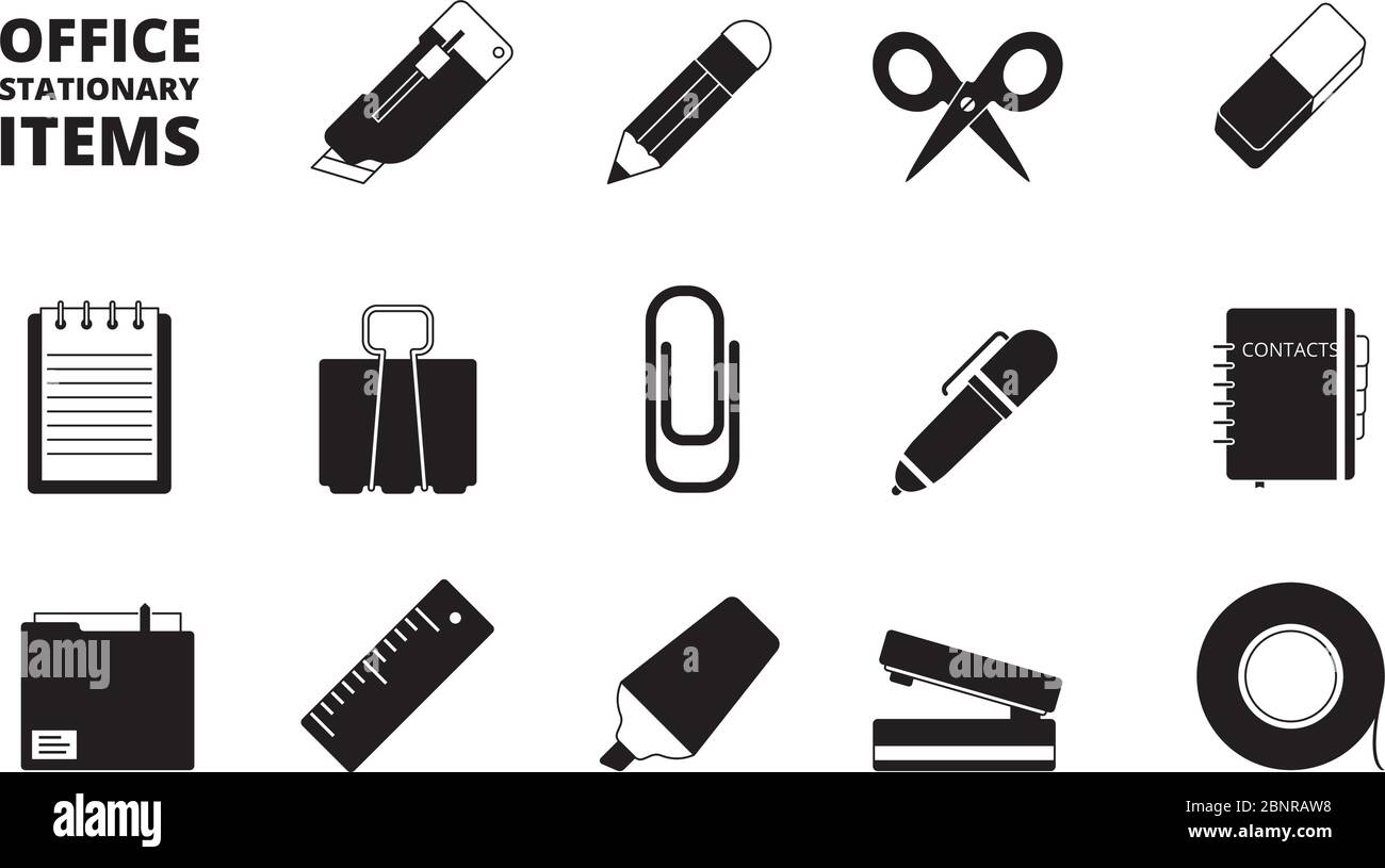 Office equipment icon. Stationary business items shredder keyboard folder  paper pencils pens books journal vector black symbols Stock Vector Image &  Art - Alamy