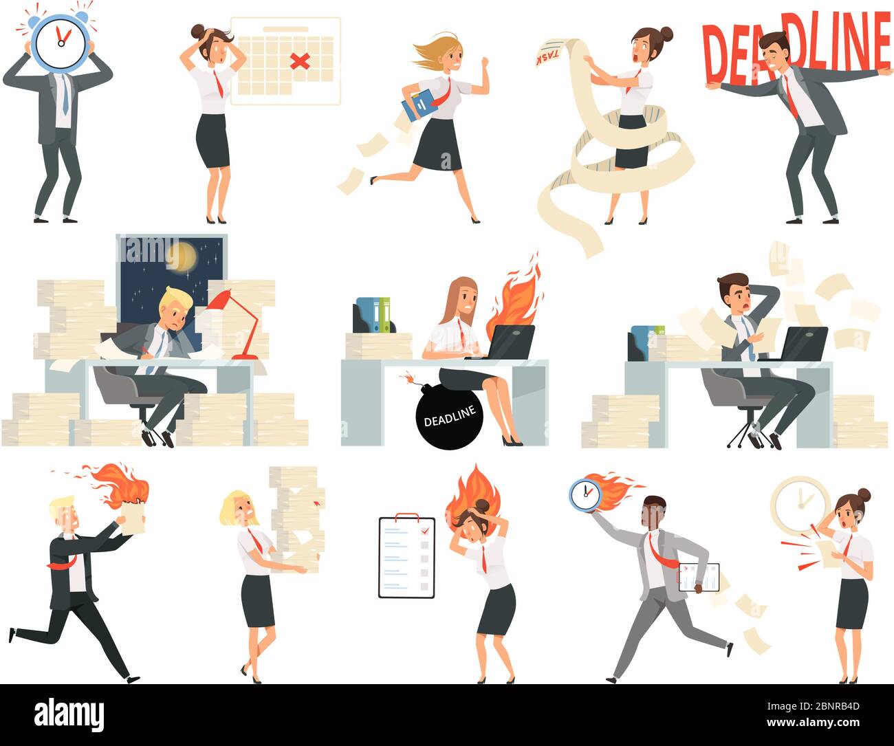 Deadline characters. Business overworked people directors managers stressed and rushing danger workspace vector people isolated Stock Vector