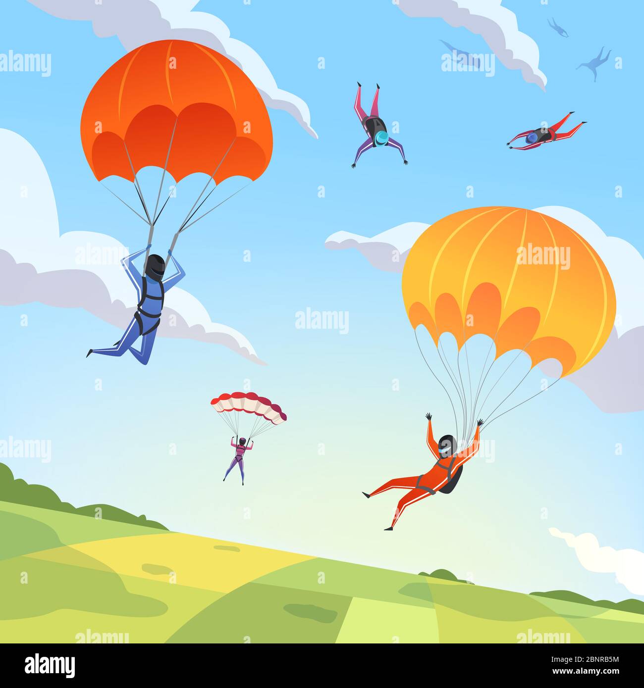 Parachute jumpers sky. Extreme sport hobbies adrenaline character flying action pose skydiving paraplanners vector cartoon background Stock Vector