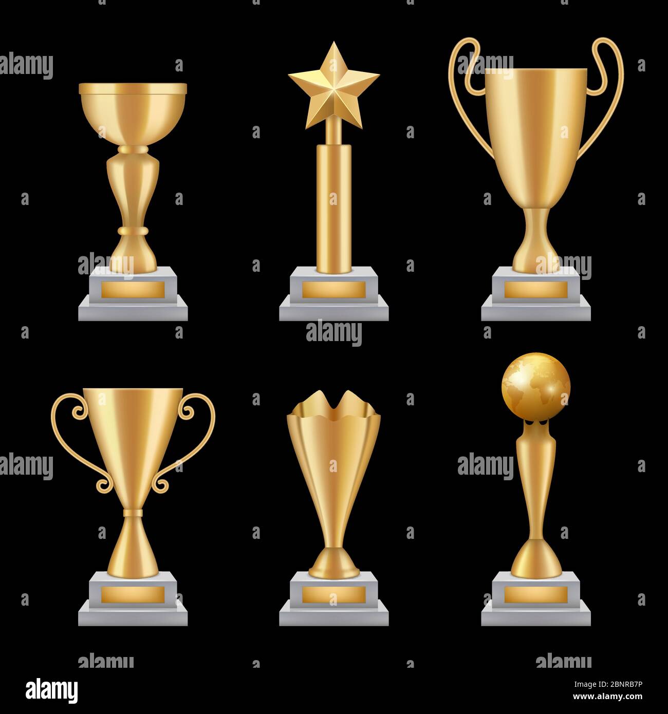 Award trophies realistic. Golden cup sport success star symbols vector 3d illustrations isolated Stock Vector