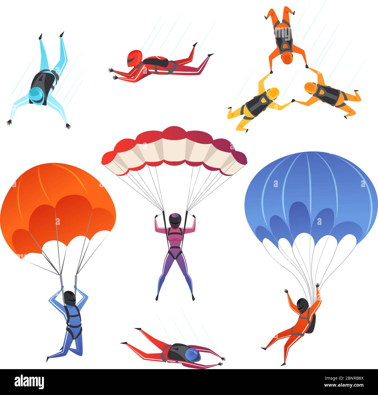 Parachute jumpers. Extreme sport skydiving paragliding male and female sportsmen in sky vector characters Stock Vector