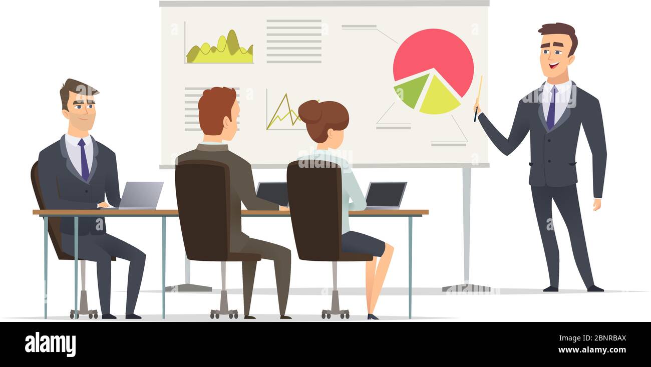 Business lesson. Teacher Manager learning on lecture office presentation concept marketing plan on whiteboard vector meeting peoples Stock Vector