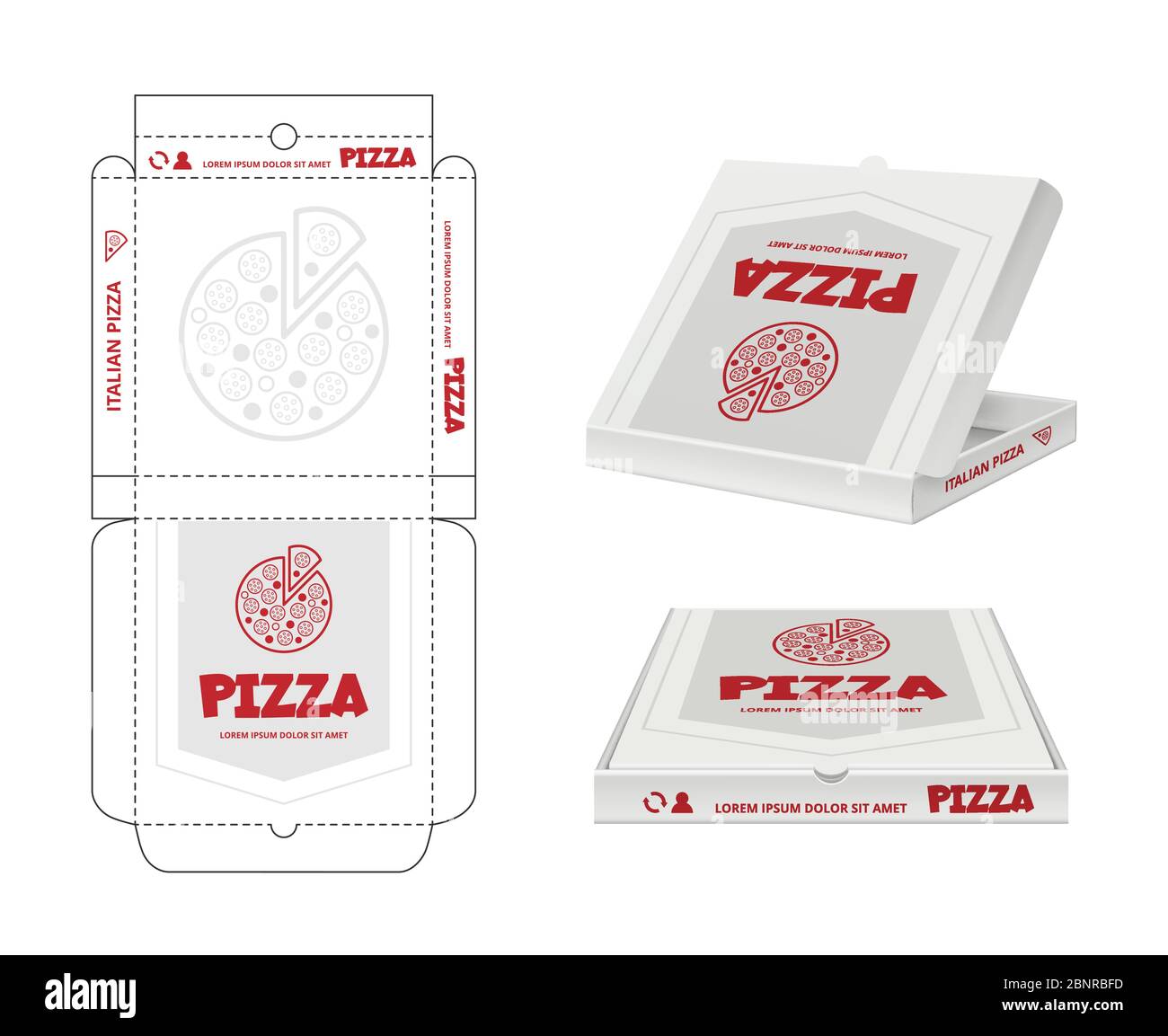 Pizza box design. Unwrap fastfood pizza package realistic template business identity vector Stock Vector