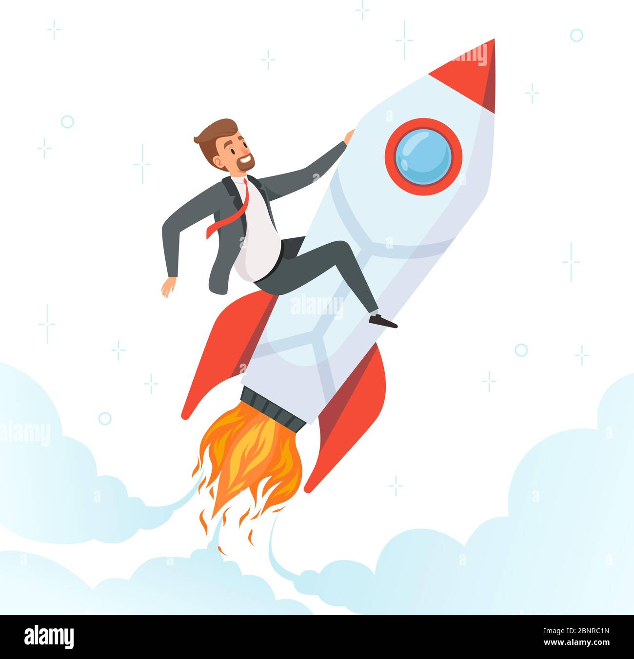 Businessman on rocket. Concept of launch startup new project of dream fly people on shuttle business product idea vector character Stock Vector