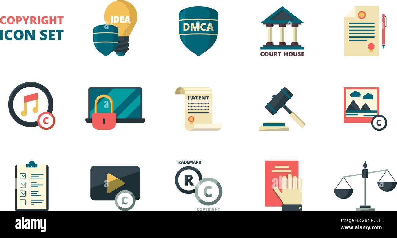 Patent copyright icons. Intellectual property individual personal rights legal regulation quality administration vector symbols Stock Vector
