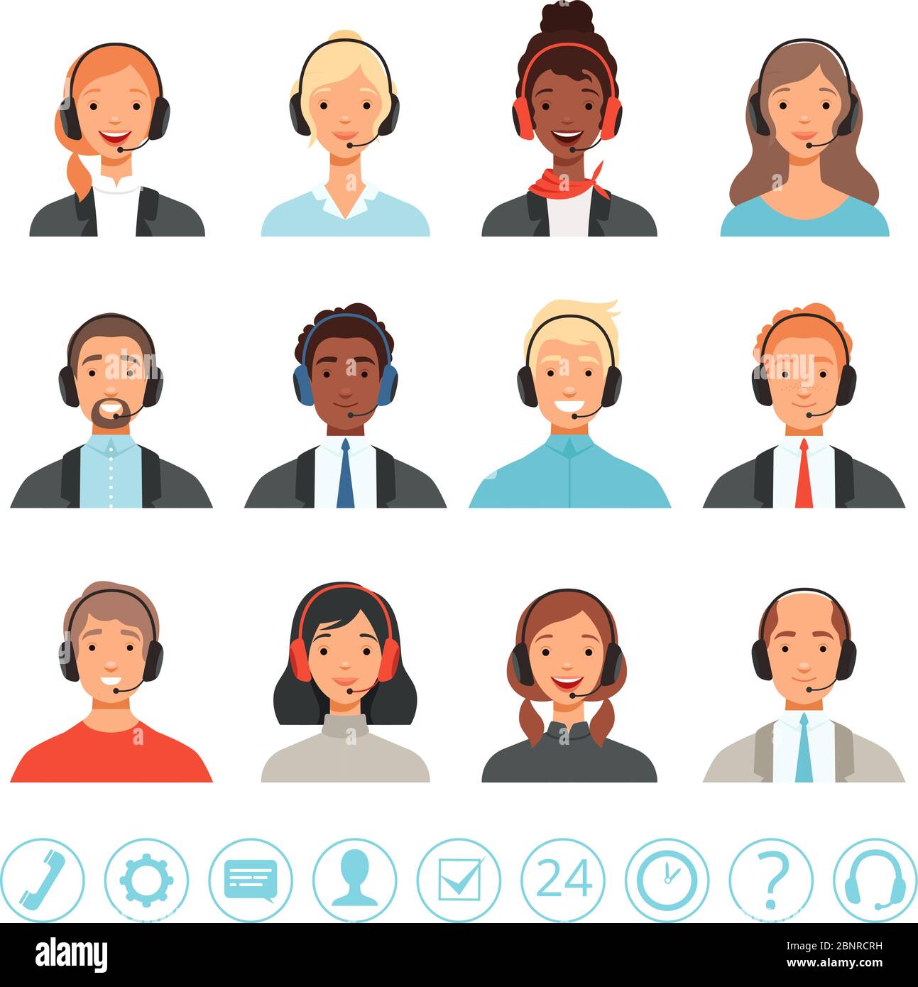 Call center operators avatars. Male and female customer service contact help managers vector web pictures Stock Vector
