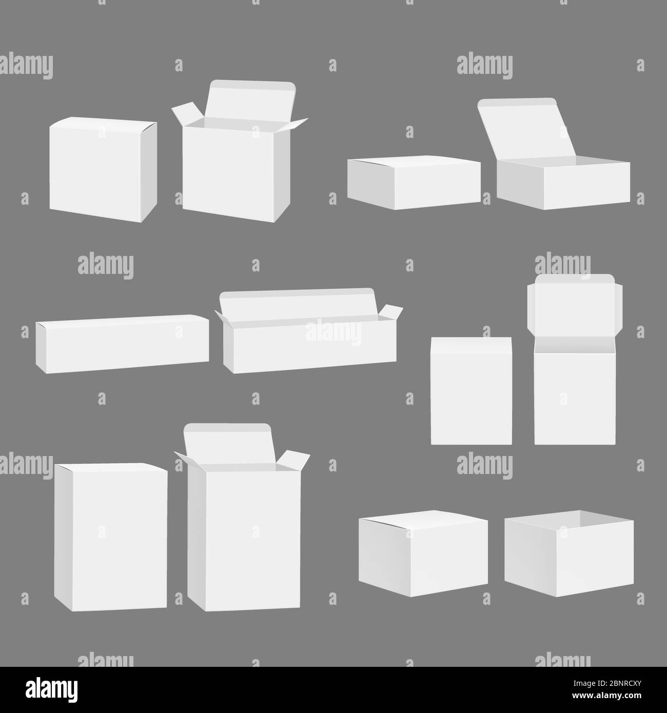 Blank boxes. Open closed cardboard white gift packages storage mockup vector realistic template isolated Stock Vector