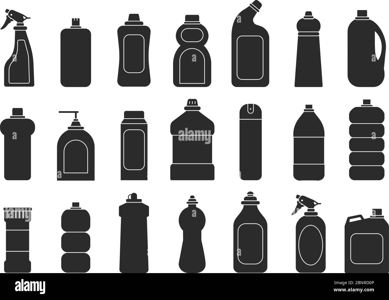 Cleaning bottles silhouettes. Laundry detergent chemical sanitary freshener tools for housework vector illustrations Stock Vector