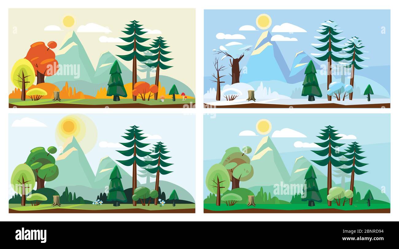Four season landscape. Spring autumn summer winter weather nature scenery vector cartoon background Stock Vector