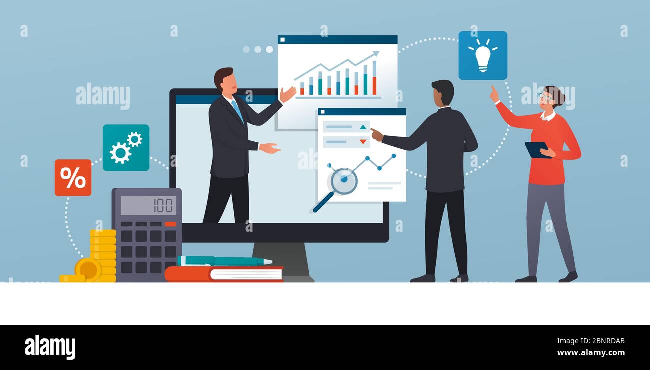 Business team connecting together online and having a virtual meeting, they are analyzing financial charts Stock Vector