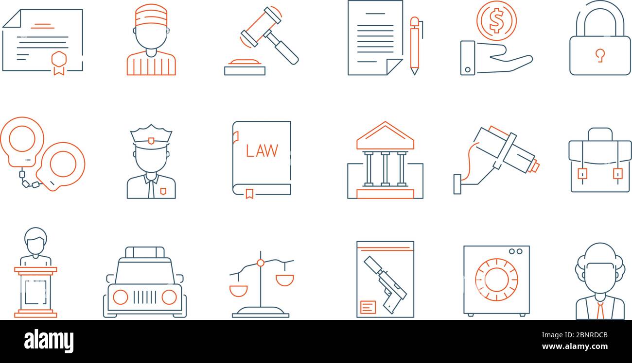 Law thin symbols. Licence accounting legal justice lawyer vector linear colored icon collection Stock Vector