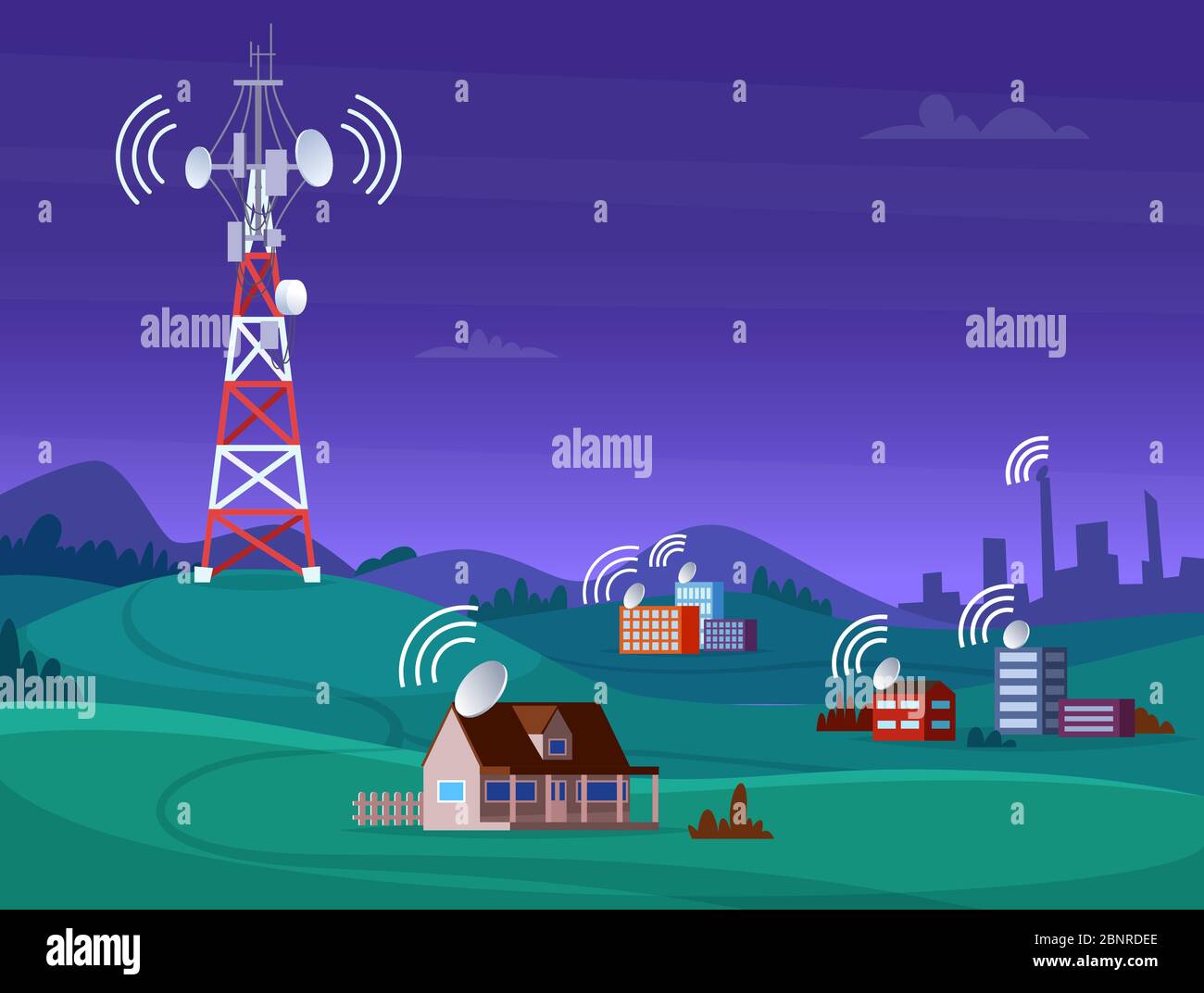 Landscape wireless tower. Satelite antena mobile coverage television radio  cellular digital signal vector illustration Stock Vector Image & Art - Alamy