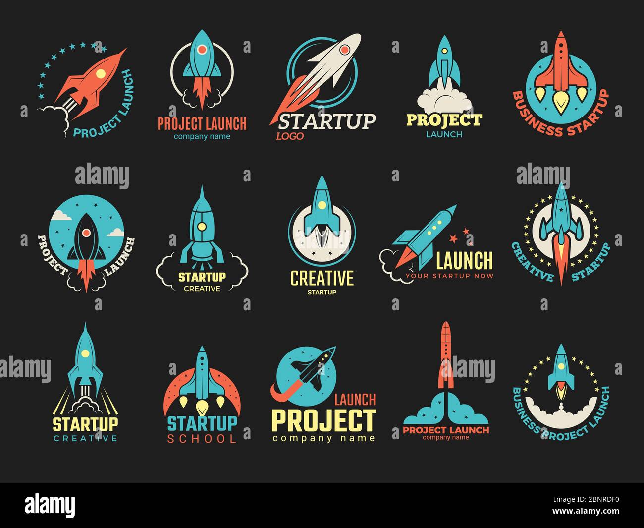Startup logo. Business launch perfect idea spaceship rocket shuttle startup symbols vector colored badges Stock Vector