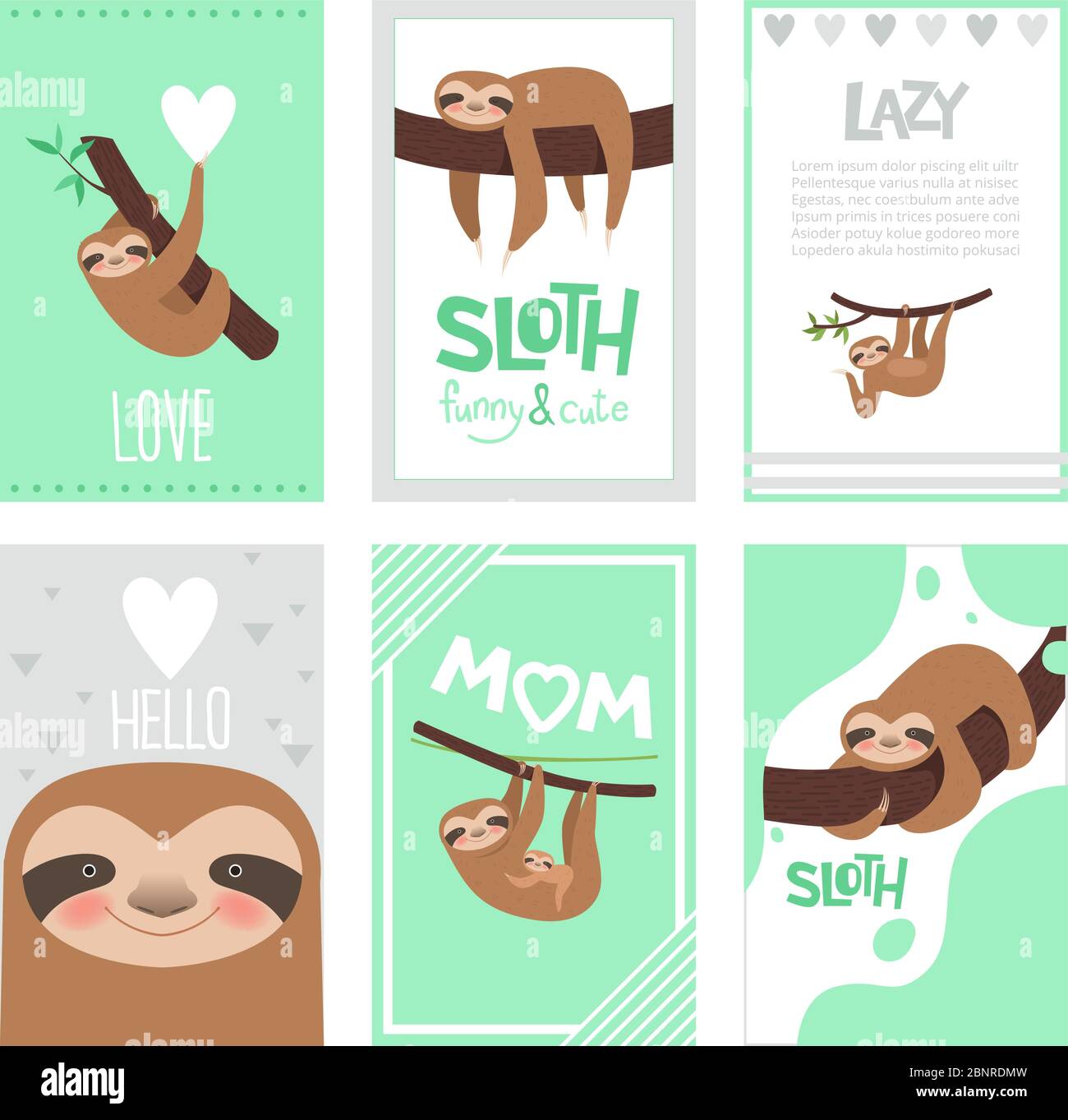 Sloth cards design. Pajama textile print with cute little sleepy animal on branch vector pictures collection Stock Vector
