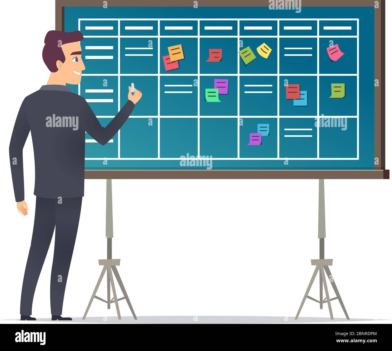 Business schedule board. Businessman standing near checklist and planning teams work plans calendar management vector concept Stock Vector