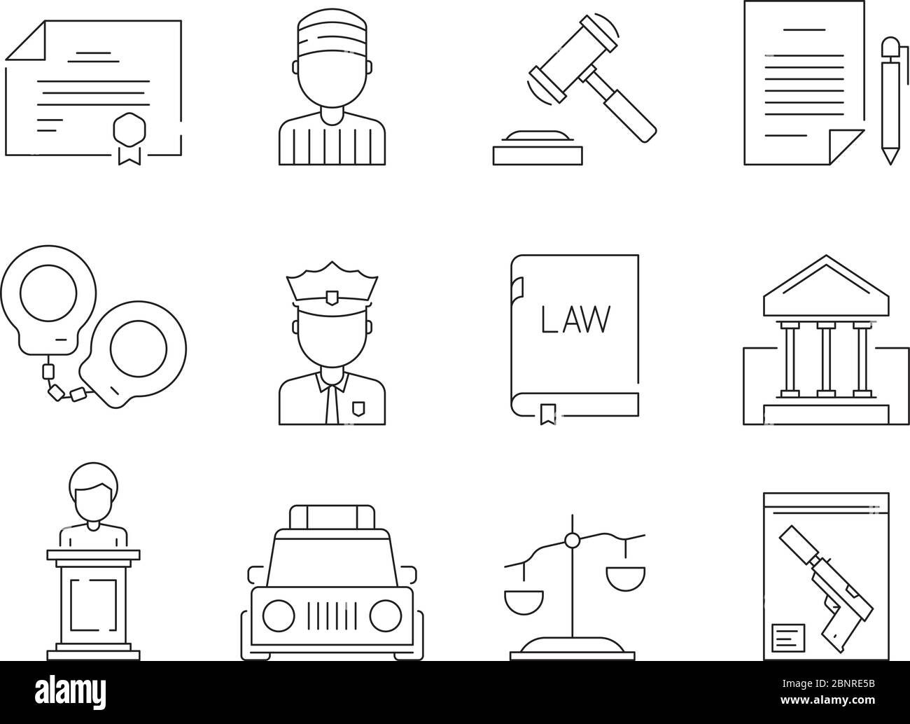 Law thin icon. Legal lawyer criminal judgement sheriff and police justice punishment vector symbols isolated Stock Vector