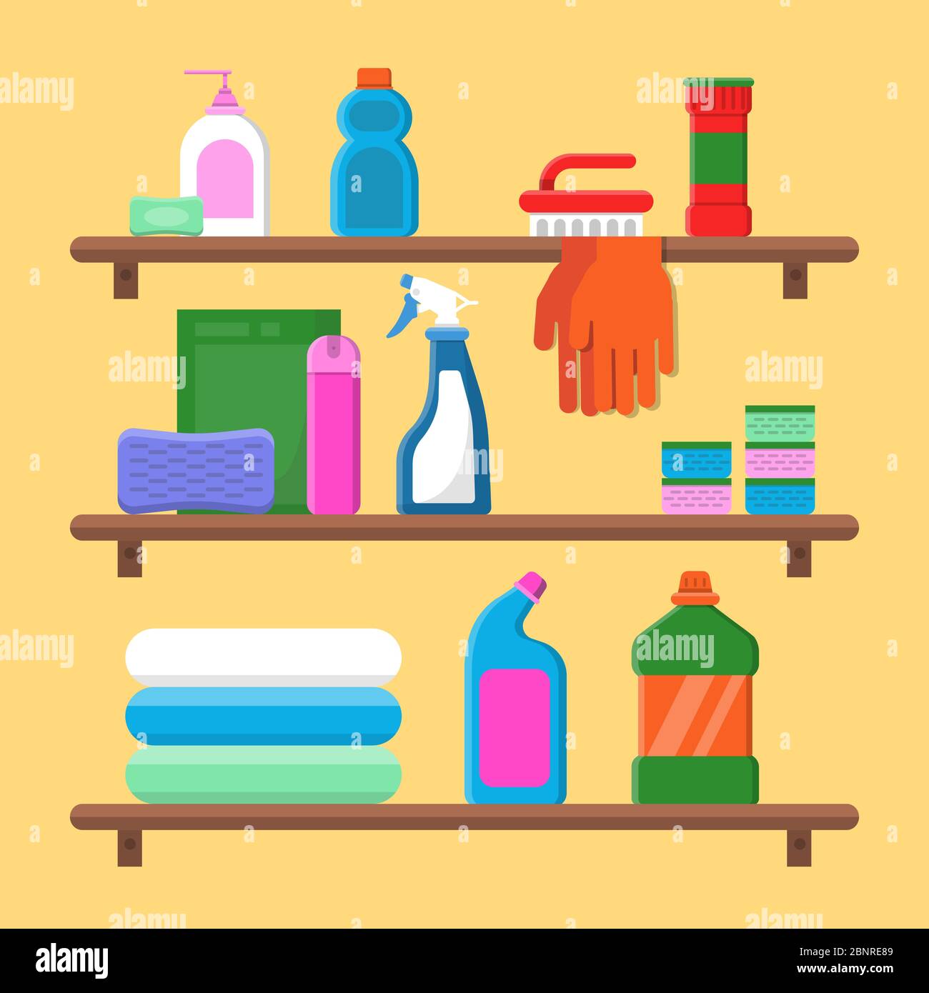 Households goods shelves. Chemical detergent bottles in laundry service