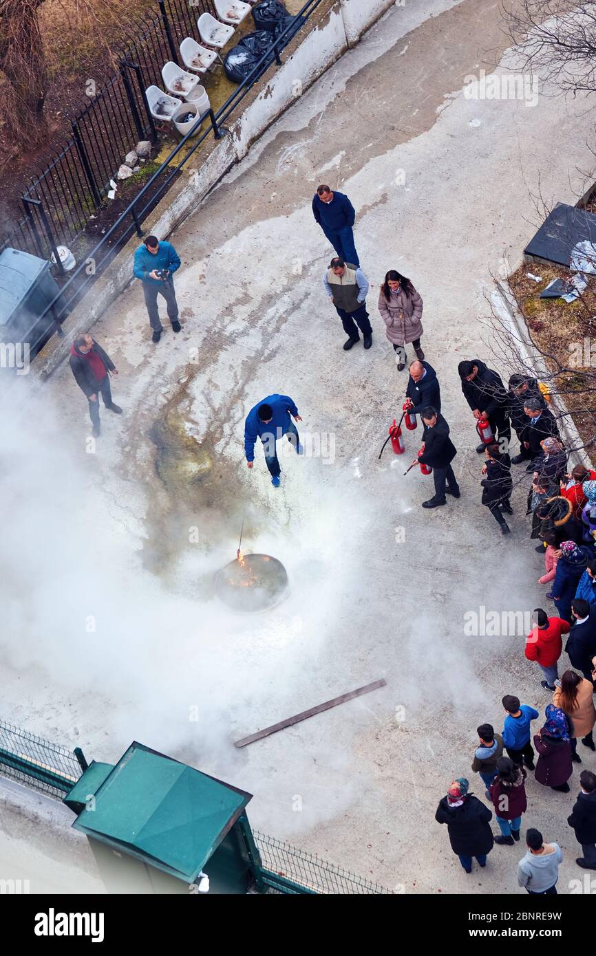 March, 2020 - Ankara, Turkey: Employee fire safety training with fire extinguishers in Ankara, Turkey. Stock Photo
