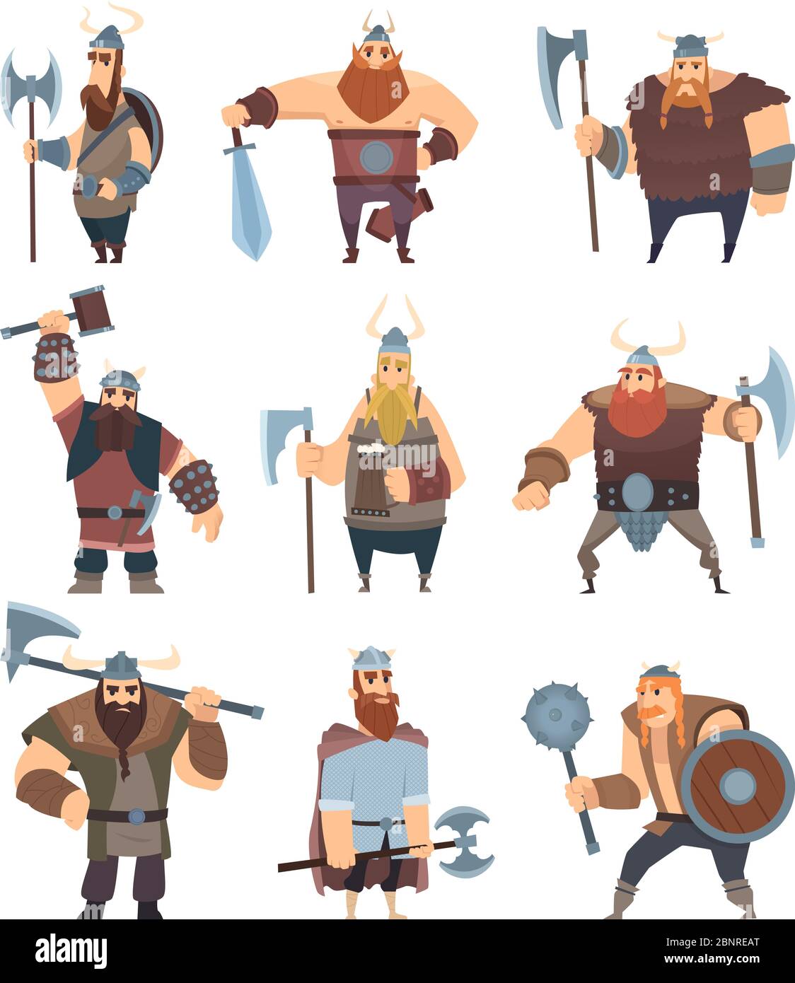 Viking cartoon. Mythology of medieval warrior norse people vector characters Stock Vector