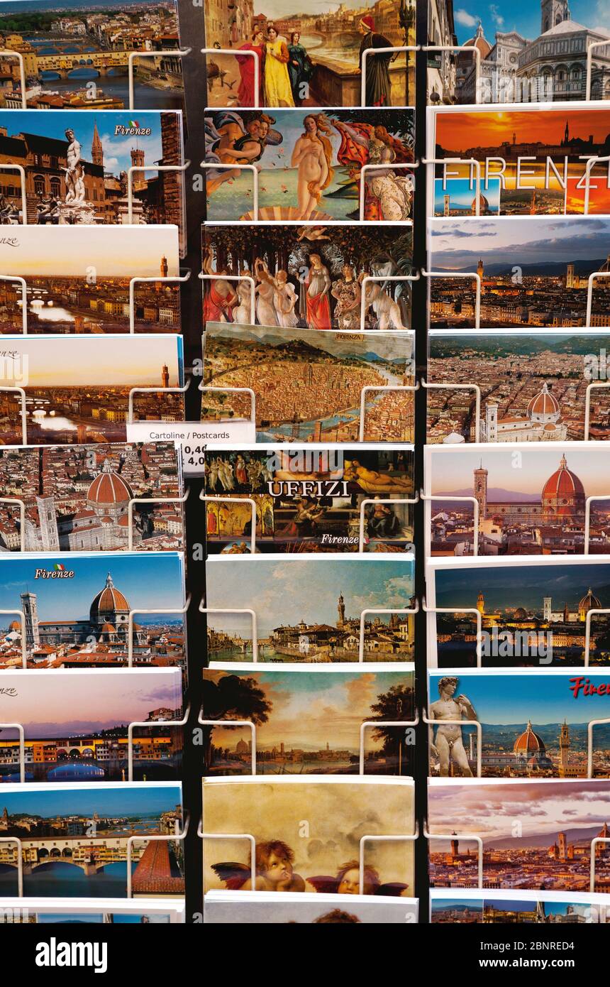 Souvenirs, postcards, display, Florence, Tuscany, Italy Stock Photo Alamy