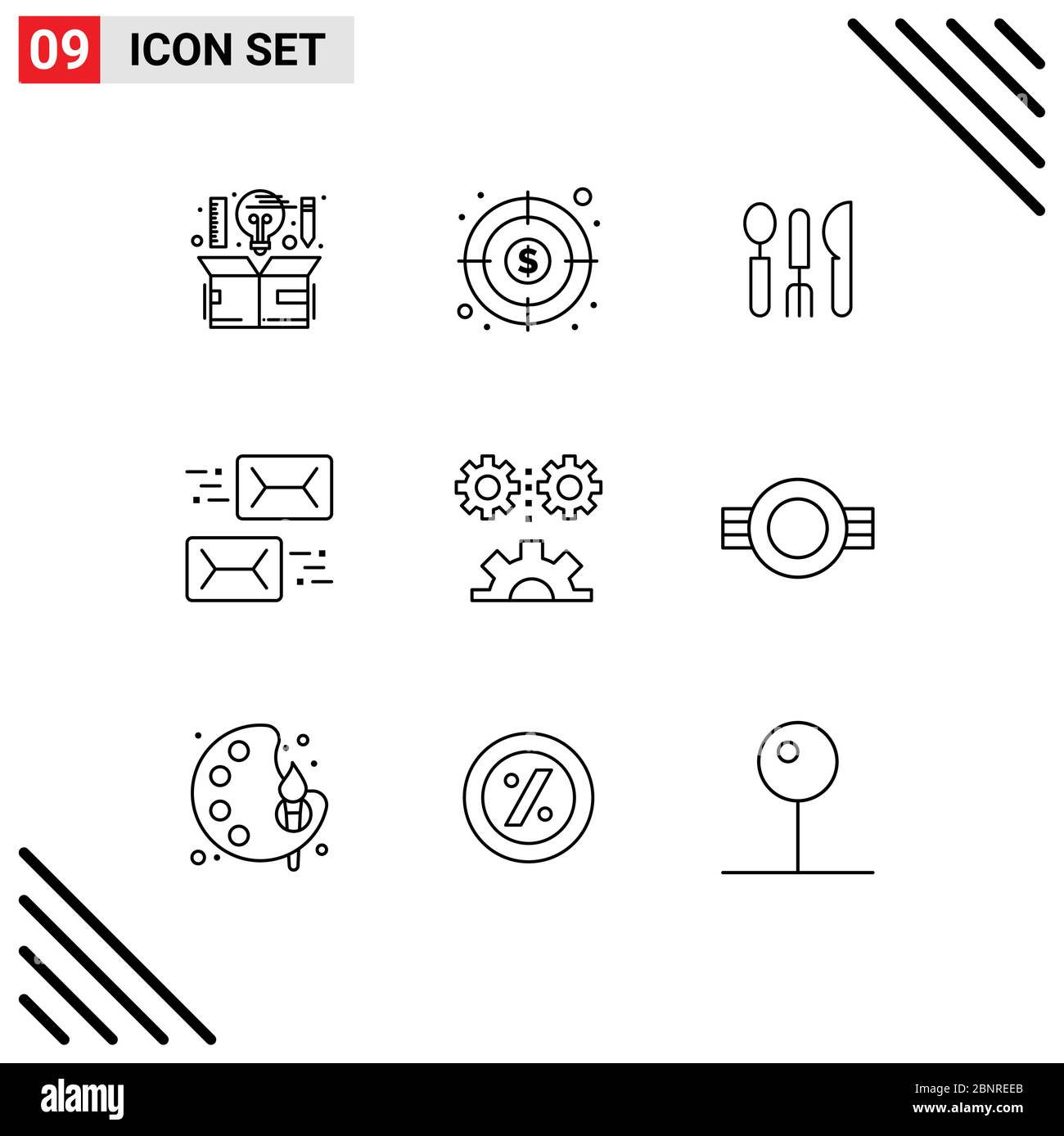 Set of 9 Modern UI Icons Symbols Signs for mail, email, goal, communication, travel Editable Vector Design Elements Stock Vector