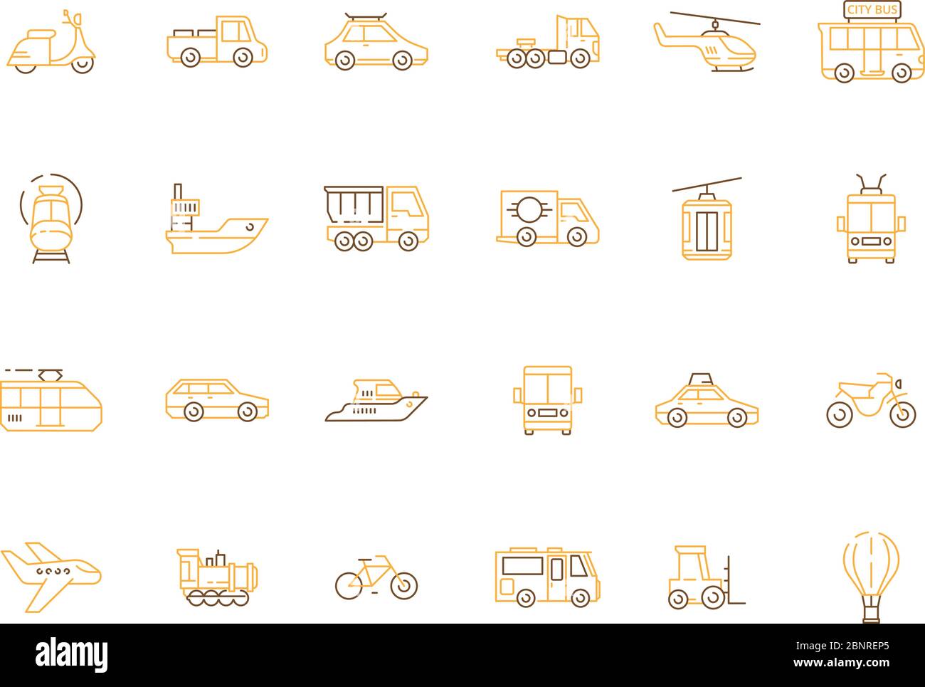 Urban transport icon. Public vehicles taxi motorcycle planes boats helicopter car train vector outline pictures Stock Vector